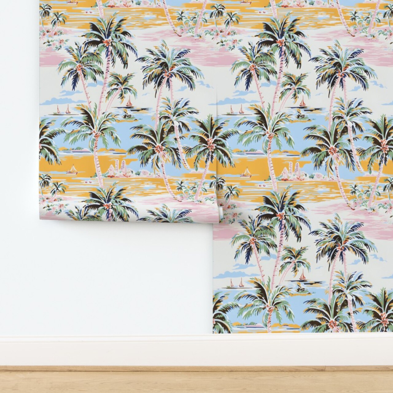 Tropical Summer Retro Boats Palm Trees Hawaiian Nautical Sailboats Coastal Ocean Vacation Custom Removable Wallpaper by Spoonflower Peel & Stick Wallpaper 2FT Wide